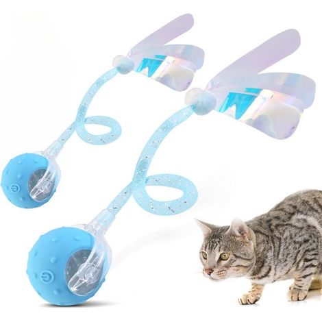 Lot de 2 balles interactives pour chat - Balle à roulement automatique et fluide - Balle de jeu pour chatons - Jouet pour chatons qui s'ennuient - Queue en filet élastique - Mouvement flexible - Bleu (1/5)