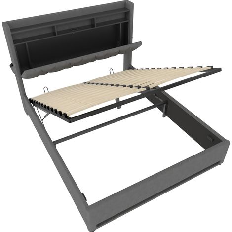Cama 160 x 200 cm de terciopelo gris con LED, USB-C y arcón (1/5)
