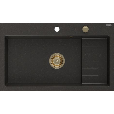 Mexen Omar évier en granit 1-bac 800 x 480 mm, noir/doré métallisé, siphon doré - 6520801005-75-G (1/5)