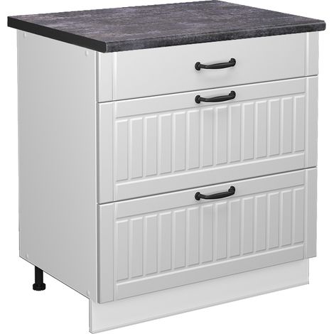Mobiletto base per cucina Fame-Line, Bianco rustico, 80 cm con 3 cassetti, PL Antracite, Vicco
