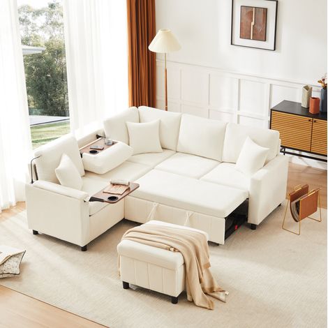 Canapé d'angle convertible 205x205 cm chenille beige HAVRYA (1/5)