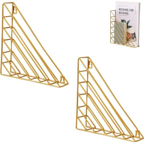 Porte-revues mural triangulaire en métal, 2 pièces, fer doré, 23 x 23 x 5 cm (1/5)