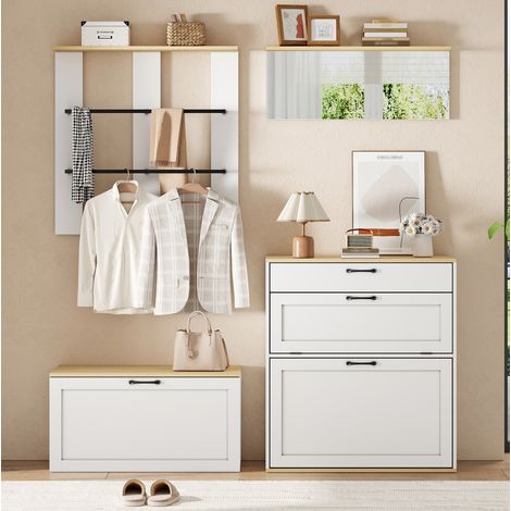 MEUBLIV Modularer Eingangsbereich 156x36x176 cm Weiß und Holz – Wandaufbewahrung (1/5)