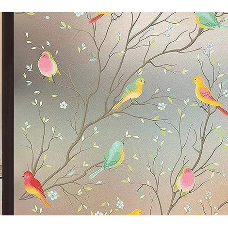 Film pour fenêtre - Film adhésif sans colle pour fenêtres et salles de bain - 30cm1m - PVC - Statique - Installation facile - Coloré - Branches et oiseaux (1/4)