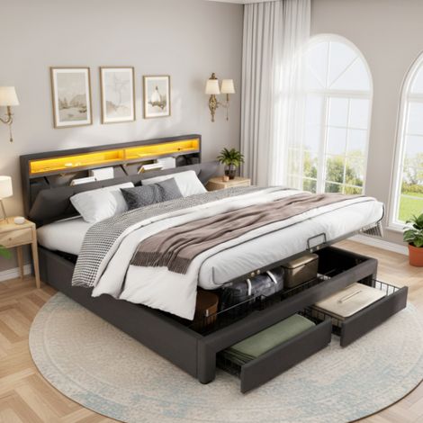 King Size LED Bed with Hydraulic Storage,Gray Linen Upholstery,Steel Frame,Drawers and Foam Headboard (1/5)