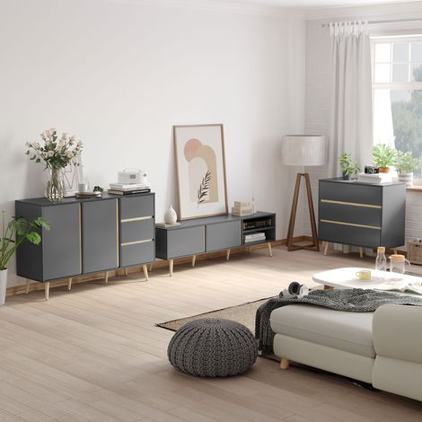 Buffet bas meuble de rangement sur pieds style scandinave 2 portes 3 tiroirs 120 x 40 x 80 centimètres gris anthracite