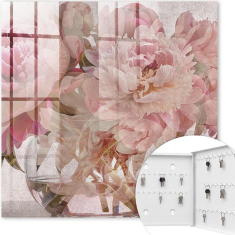 Armoire à clés - (30 cm x 30 cm) - Boîte à clés murale - Coffret de rangement pour clés - Couleur blanche - Ouverture vers la droite - Pour maison et bureau - Fleurs romantiques