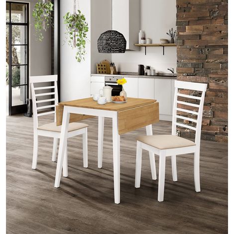 Hallowood Furniture Ledbury Dining Table and Chairs Set 2, Drop Leaf Small Kitchen Table and 2 Chairs with Warm Cream Fabric Padded Seat, Dining Room Sets for Home or Cafe, White and Oak Finish