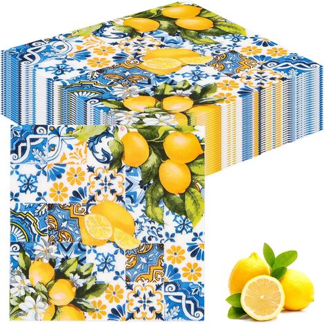 Serviettes, 40 Pièces Serviettes en Papier Citron Serviettes Jetable Bleu Jaune Motif Citron 33 33cm pour les Anniversaires le Printemps les Mariages Célébrations Décorations de Table la Communion (1/5)