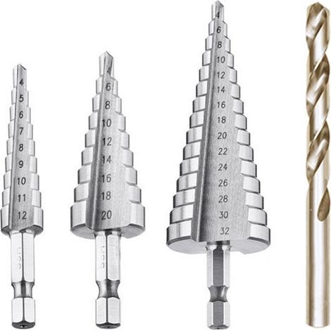 Foret Etagé, Foret Fraise Metal HSS 4PCS 4-12/20/32mm Meche Etage Perceuse Acier Fraise Forage Conique Triangle avec Revêtement Titane Visseuse Percage pour Acier/Bois/Laiton/Plastique/PVC (1/5)