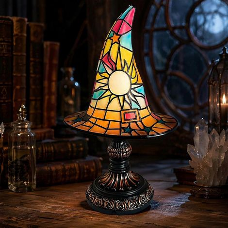 Lampe chapeau de sorcière vitrail lampe d'appoint gothique résine Halloween Veilleuse USB décorations vintage multicolores (1/5)