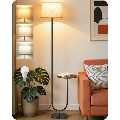 Floor Lamp with Side Table, 3 Temperatures, Memory, Natural Linen Lampshade, Chain Switch, for Living Room, Bedroom, Office, Rustic Brown and Beige (1/5)