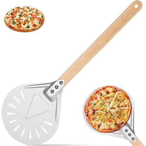 7 Pouces Pelle Pizza Perforée, Spatule Pizzas avec Poignée Bois Antidérapante, Pelle Tournante Pain Aluminium Anodisé, Accessoires Cuisson Ronde, Pelle à Pizza pour Gâteaux, Pizzas Maison (1/5)