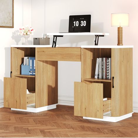 MODFU – Escritorio regulable 140x50 cm de MDF con altura 78/92 cm, almacenamiento oculto, 2 cajones y 2 nichos – Blanco/roble (1/5)