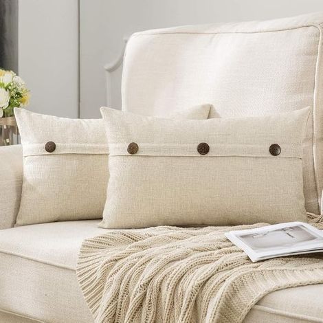 Lot de 2 Blanc 30x50cm , Housses de Coussin en Lin avec Boutons Décoratives Taie d'oreiller Tissu Lin Carrées Décor Décoratifs pour Salon Canapé Sofa Chambres Maison (1/5)