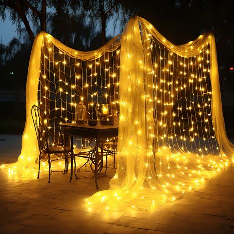Jiubiaz Filet Lumineux LED 1.5x1.5M Blanc chaud Chaîne lumineuse avec 8 modes Rideau lumineux de Noël intérieur extérieur 96 LEDs (1/5)