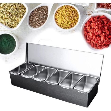 Contenitore per ingredients in acciaio inox, 6 scomparti, per spezie, gastronomia, 45,5 x 15 x 9 cm