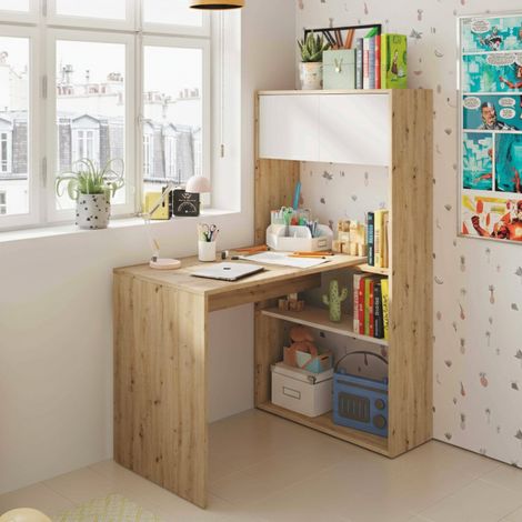 Dmora Schreibtisch Riverside, Umkehrbarer Eckschreibtisch mit Bücherregal, Arbeits- oder Bürotisch mit mehreren Positionen, cm 108x70h140, Weiße und Eichenäste (1/5)