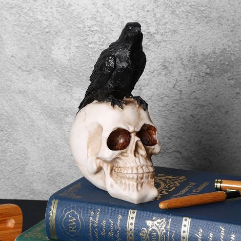 Halloween décor à la maison corbeau crâne Statues Sculptures résine artisanat décoratif corbeau squelette,21cm (1/4)