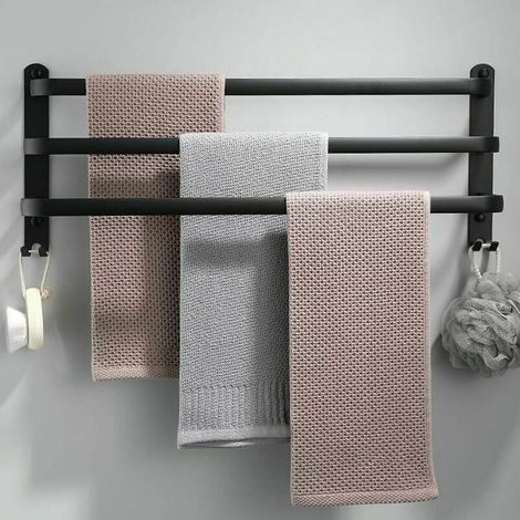 royaluxe- Porte-serviettes mural en aluminium 3 niveaux avec crochets 50cm porte-serviettes noir étanche pour salle de bain cuisine salle de bain (1/5)