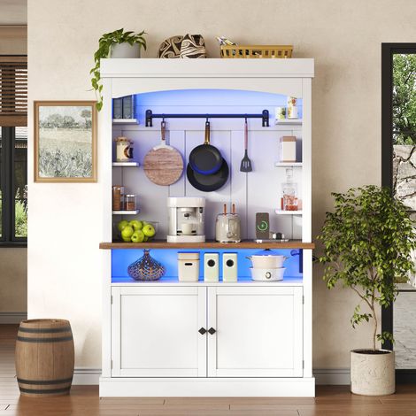 Armoire de cuisine multifonction - LED, prise, rangement vin, vitrine, crochets - MDF - blanc - 106x43x183cm (1/5)