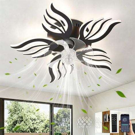 Lustre Ventilateur De Plafond Avec Télécommande APP,LED Dimmable Lampe Ventilateur Avec Fonction Mémoire,6 Vitesses Réversible Plafonnier Ventilateur À Fleurs Pour Chambre À Coucher,Noir (1/5)