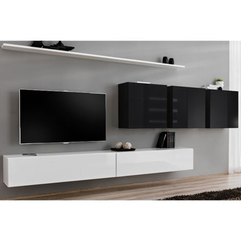 Meuble TV Mural Design "Switch VII" 340cm Blanc & Noir (1/5)