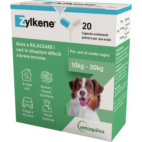 Zylkene Mangime Complementare  Cani 10-30 kg  Rilassante per situazioni di disagio , 20 capsule da 225 mg (1/2)