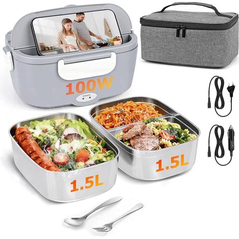 100W Gamelle Chauffante Electrique Lunch Box Chauffante avec 2 Récipients De 1,5L En Inox Sac Fourchette et Cuillère 12V/24V/220V Boite Chauffante Repas pour Bureau, École, Voyage, Voiture (1/5)
