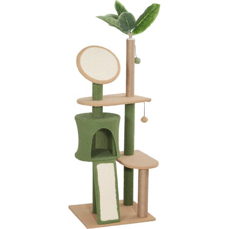 Árbol rascador para gatos de 139 cm con cueva, plataformas, rampa y postes de sisal verde HOMVRA (1/5)