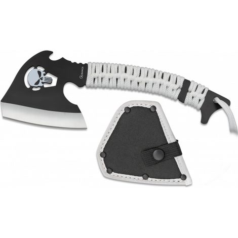 Hacha Albainox, hoja de acero inox de 23,8 cm con calavera, mango encordado, con funda de nylon