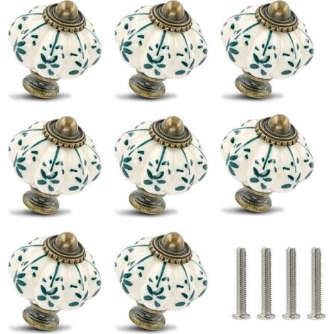 Tiradores de cerámica vintage para muebles, con forma de calabaza, juego de 12, color marfil y verde, con tornillos. (1/4)