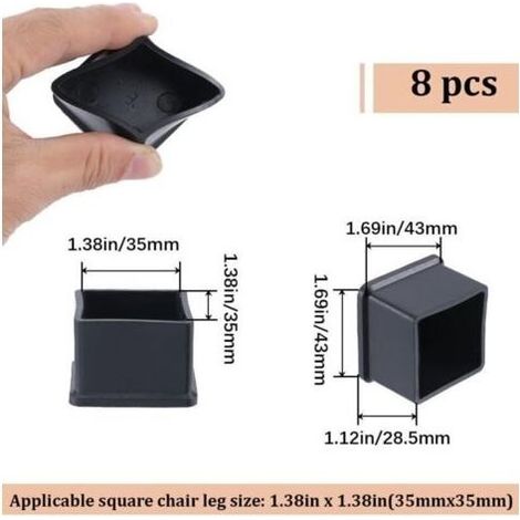 Lot de 8 patins carrés noirs pour pieds de chaise, embouts, protections de sol, couvre-pieds de meubles adaptés aux pieds de 35 x 35 mm (1/3)