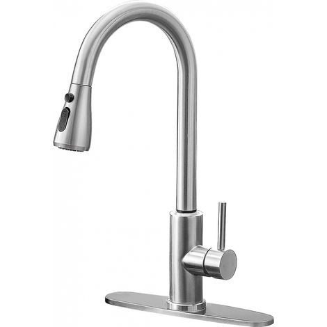 Grifo de cocina con cabezal rociador extraíble, grifo de fregadero monomando de acero inoxidable, grifo de cocina extraíble de arco alto con acabado en níquel cepillado. (1/5)