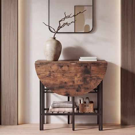 Mesa de comedor ovalada plegable con estantes, estructura metálica, color marrón. (1/5)