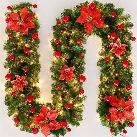 Guirlande de Noël, 270 cm guirlande de décoration de Noël avec lumières LED, décorations de Noël, décorations de vacances intérieures et extérieures, jardin, cheminée, escalier (1/4)