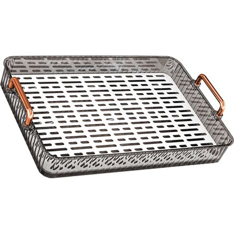 Plateau à thé à double couche, grande capacité, rectangulaire, avec poignée, gris, pour égouttage d'eau, idéal pour le salon. (1/5)