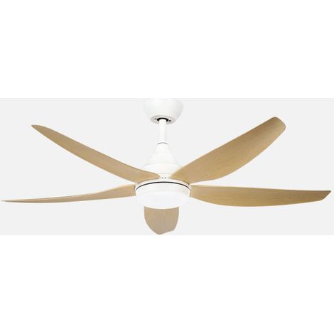 ABRILA - Ventilador DC Elda 18W Blanco/Haya  5 Aspas  6 Velocidades  Tecnología LED 2250lm  Control Remoto con Memoria y Temporizador  144 cm