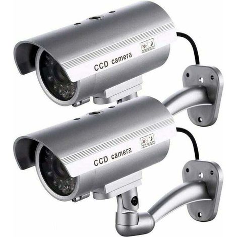Lot de 2 caméras factices, caméras extérieures factices pour utilisation intérieure ou extérieure, avec forme de balle et LED clignotante, RTGPT (Argent) (1/4)