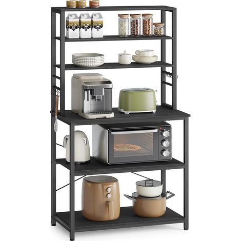 Industrial Kitchen Baker’s Rack, Coffee Bar Storage Rack with 6 Shelves, 6 Hooks & Steel Frame, Microwave Stand (1/5)