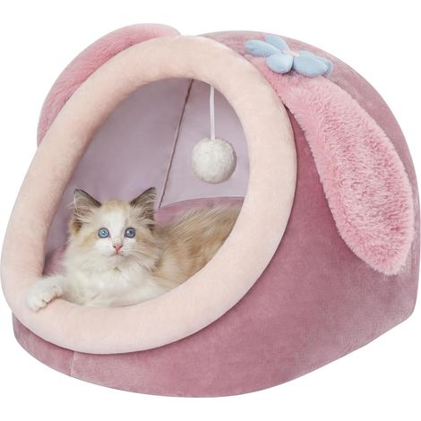 Mignon Grotte pour Chat, Panier pour Chats Interieur, Lit Chat M (38 cm x 37 cm x 32 cm), Cat Bed avec Coussin Lavable et Amovible, Niche pour Chats avec Semelle Antidérapante, Rabbit (1/5)