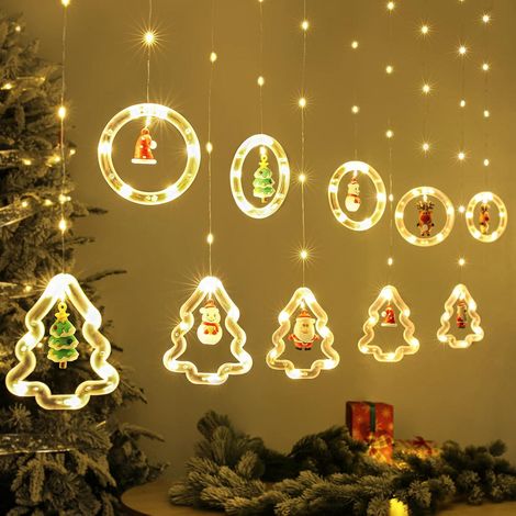 Rideau Lumineux Noël Sapin Anneaux avec Figurine, 3m Guirlande Rideau Lumineux Fenêtre Intérieur USB Blanc Chaud (1/5)