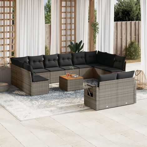 Canapé de Jardin Modulaire 13 Pièces en Résine Tressée Gris  Ensemble Salon d'Extérieur avec Table et Coussins Lavables  Dimensions: Siège (55x55cm), Table (55x55x37cm) (1/5)