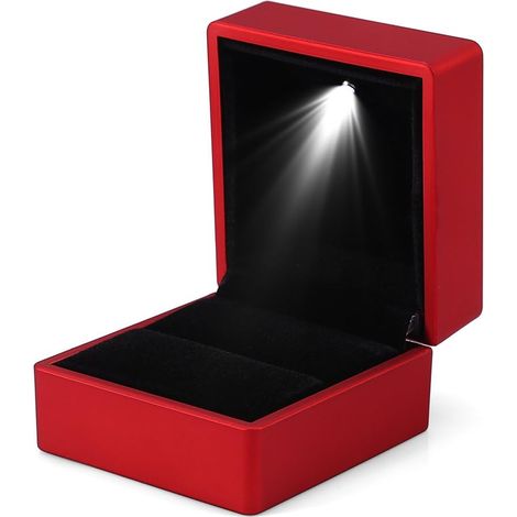 Boîte à Bague à la Mode LED Lumineux Coffret Étui de Rangement d'Anneau Porte Bijoux, éclairage LED Coffret à Bague pour Demande en Mariage,fiançailles et pour Mariage (Rouge) (1/5)