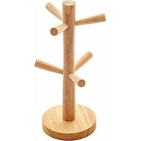 Porte-tasses en bois - LARGEIGHT - Arbre à tasses - Support de table - 6 crochets - Marron (1/4)