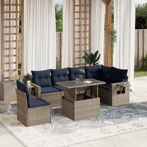 7-teiliges Gartensofa-Set mit Kissen, grau, Polyrattan (1/5)