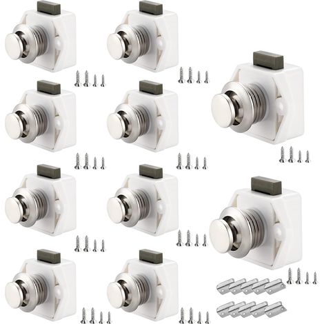 10 Pièces Verrous à Bouton-Poussoir,avec Vis et Plaque d'Impact,pour Camping-Cars, Yachts, Bateaux,Caravane (Blanc) (1/5)