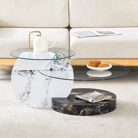 Couchtisch aus MDF und transparentem Glas in Schwarz-Weiß-Marmoroptik, 2 Ebenen, Ø 70 cm