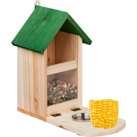 Relaxdays Eichhörnchen Futterhaus, Holz, Eichhörnchenfutterstation mit Maiskolbenhalter, Napf, Sitzplattform, natur/grün