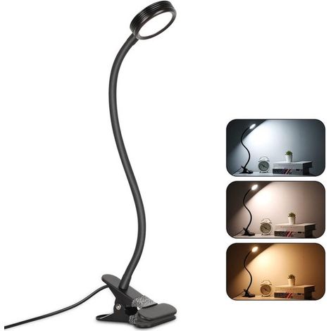 Lámparas de pinza, Lámpara de habitación LED con pinza, con adaptador, ajuste de luminosidad, flexible 360°, color negro [Clase energética C] (1/4)